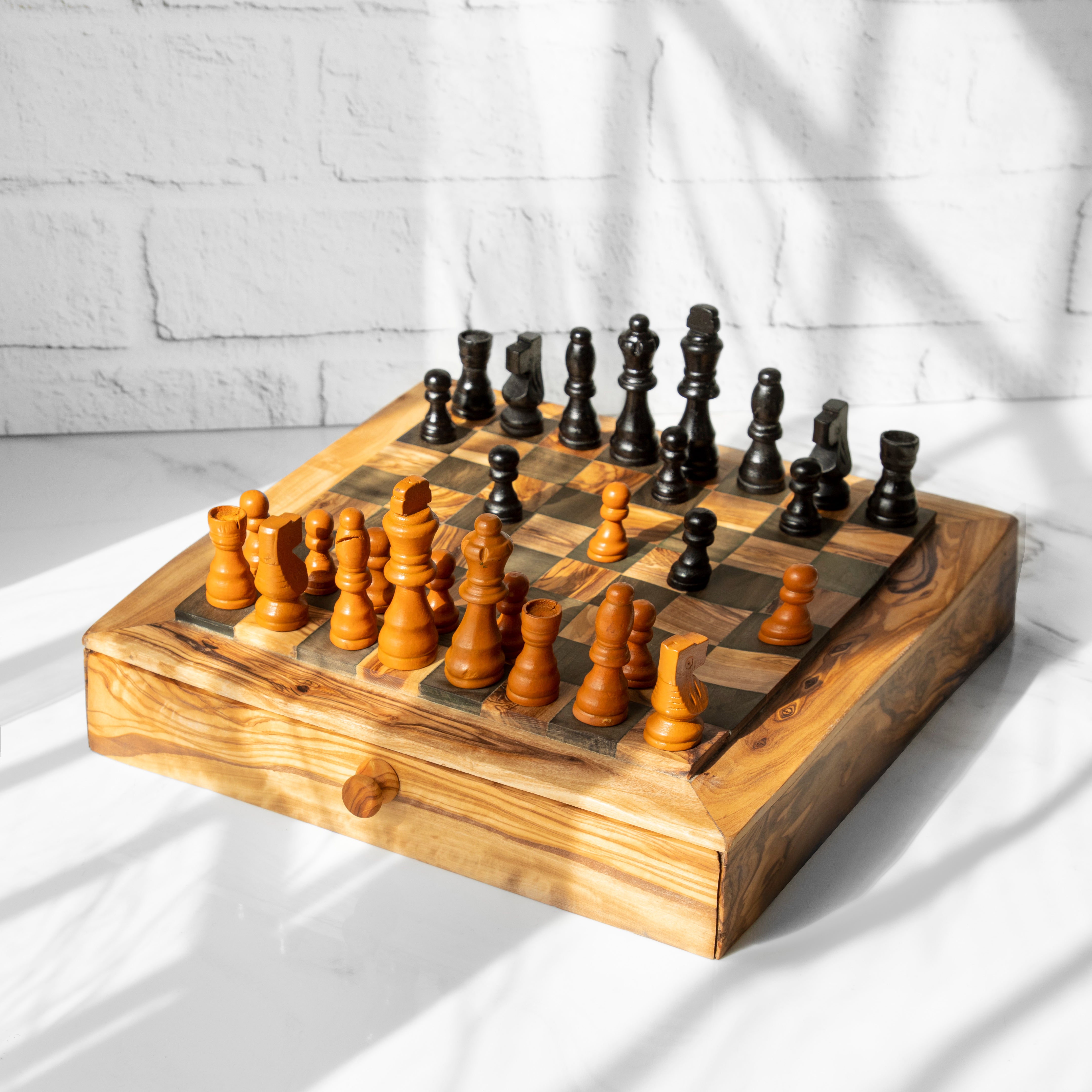 Handmade wooden chess set made from olive wood with storage drawer